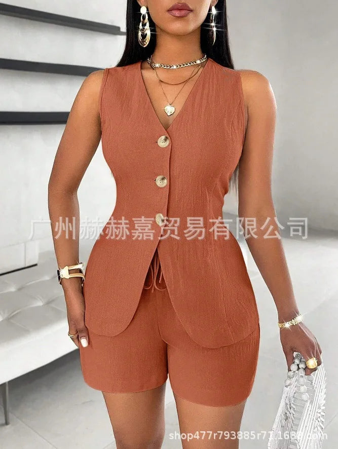 2025 verão algodão linho shorts define feminino 2 peças elegante cor sólida com decote em v magro topos senhora do escritório chique rendas shorts ternos