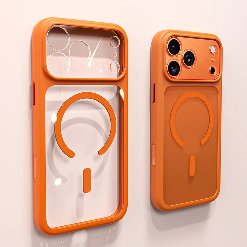Negócios magnéticos simplicidade à prova de choque laranja pára-choques botão da câmera caso para iphone 17 pro max lente clara pc capa para magsafe