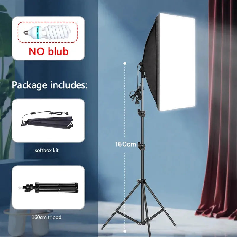 Illuminated rectangular softbox on a black 160cm adjustable tripod for professional photo studio lighting.