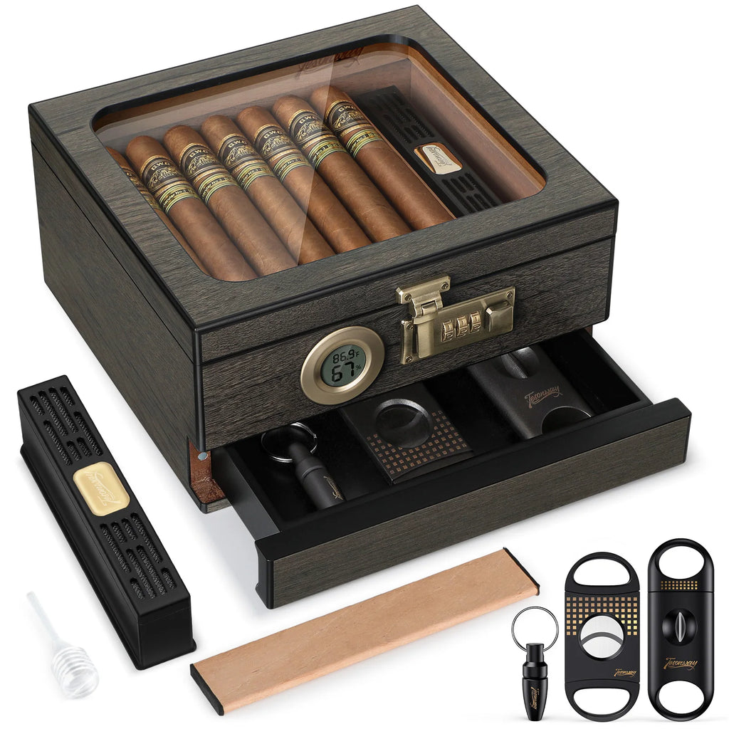 Humidor de charutos, caixa de mesa superior de vidro com termo-higrômetro digital, umidificador, divisor, gaveta de acessórios e fechadura de combinação