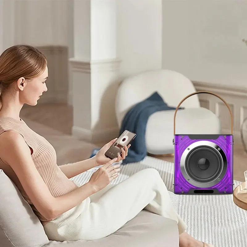 Alto-falante bluetooth de karaokê de alta potência, luz de ritmo musical 360, subwoofer estéreo surround sem fio com microfone duplo, suporte para telefone