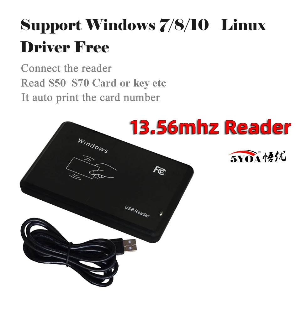 Leitor de cartão inteligente RFID 5YOA 125KHz 13.56MHz ID IC Leitor programador criptografado de controle de acesso de frequência dupla com interface USB