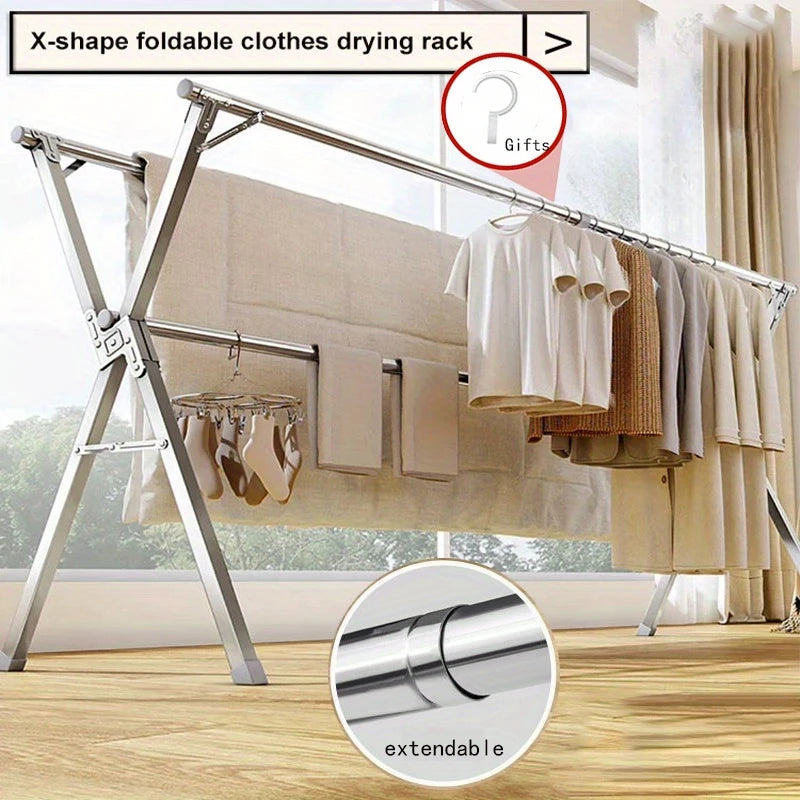 Rack de secagem dobrável em forma de X de aço inoxidável, rack de roupas universal interno e externo, roupas de secagem e colchas, organizador de armazenamento