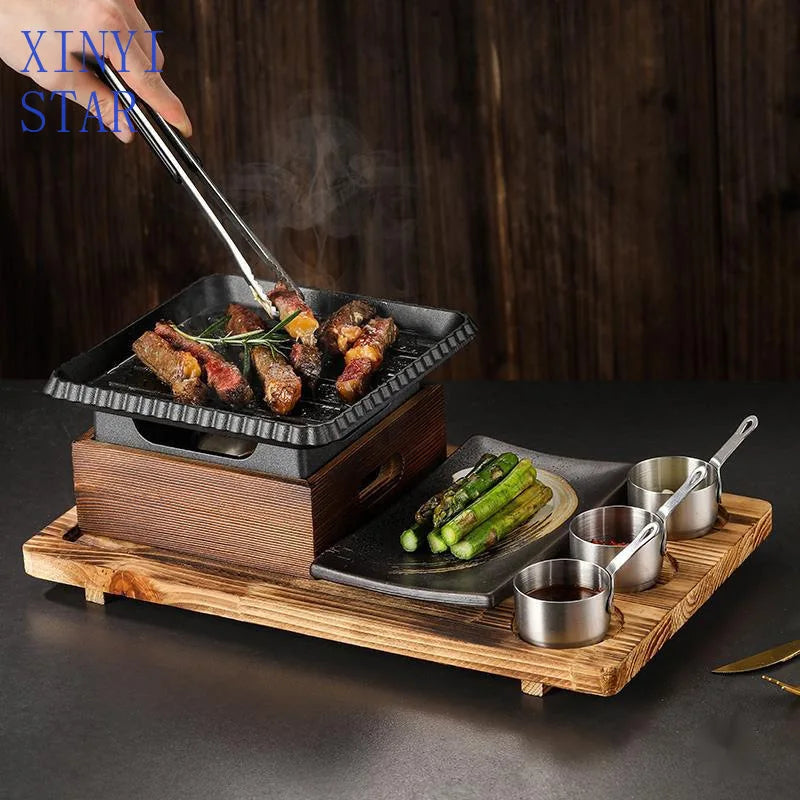 Sala de jantar talheres simples e duplos placa de churrasco de ferro fundido quadrado forno de álcool bandeja de cozimento estilo coreano conjunto de fogão de churrasco