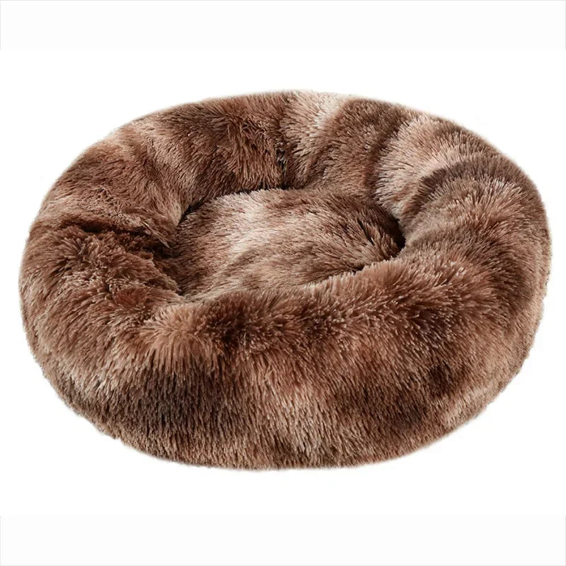 Cama redonda de pelúcia longa super macia, casa de dormir quente para cães e gatos médios, 40-90cm, inverno
