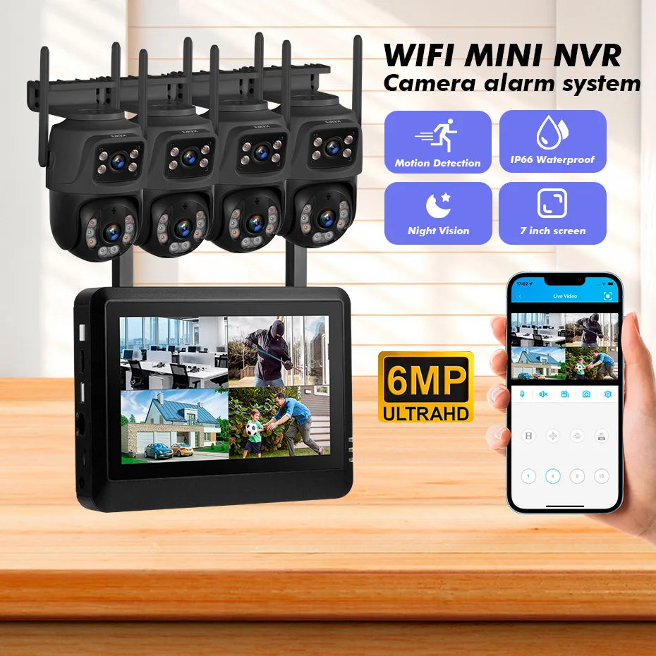 Kerui sem fio 6mp lente dupla wifi câmera ip 8ch nvr tela lcd de 7 polegadas gravador de vídeo sistema de câmera de segurança em casa vigilância