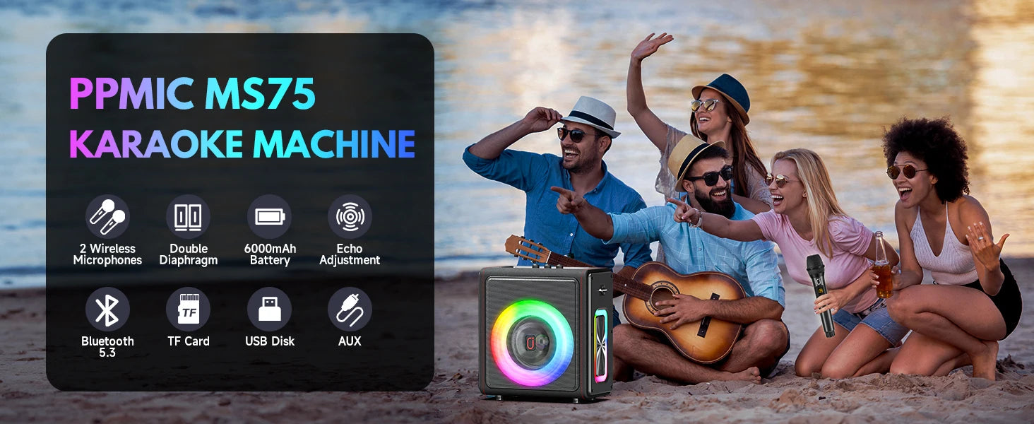 Máquina de karaokê portátil, alto-falante Bluetooth com microfones, sistema PA com 2 microfones de karaokê, luzes de discoteca para festas em casa