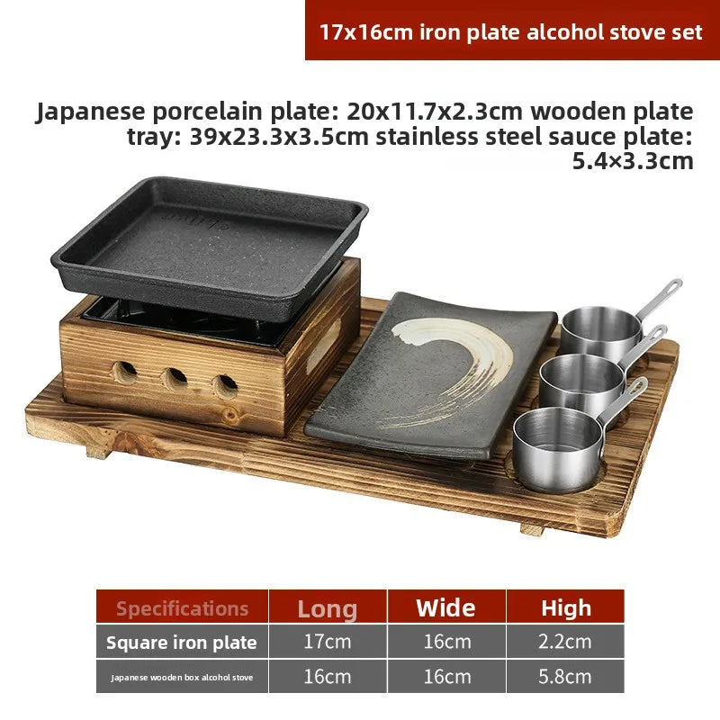 Sala de jantar talheres simples e duplos placa de churrasco de ferro fundido quadrado forno de álcool bandeja de cozimento estilo coreano conjunto de fogão de churrasco