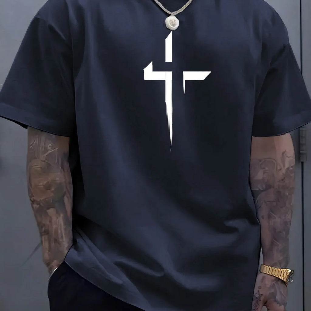 Verão masculino 100% algodão puro casual solto plus size cruz criativo impresso esportes confortável em torno do pescoço manga curta camiseta