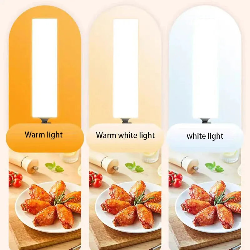 Rectangular LED photography light demonstrating warm, warm white, and cool white color temperatures on food.