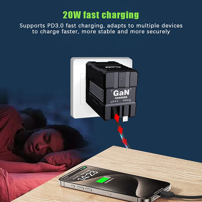 {MX} Carregador inteligente retrátil duplo PD + USB Plugue EUA / Reino Unido / UE 2 em 1 Carregador Gan 20W PD3.0 Carregador de carregamento rápido