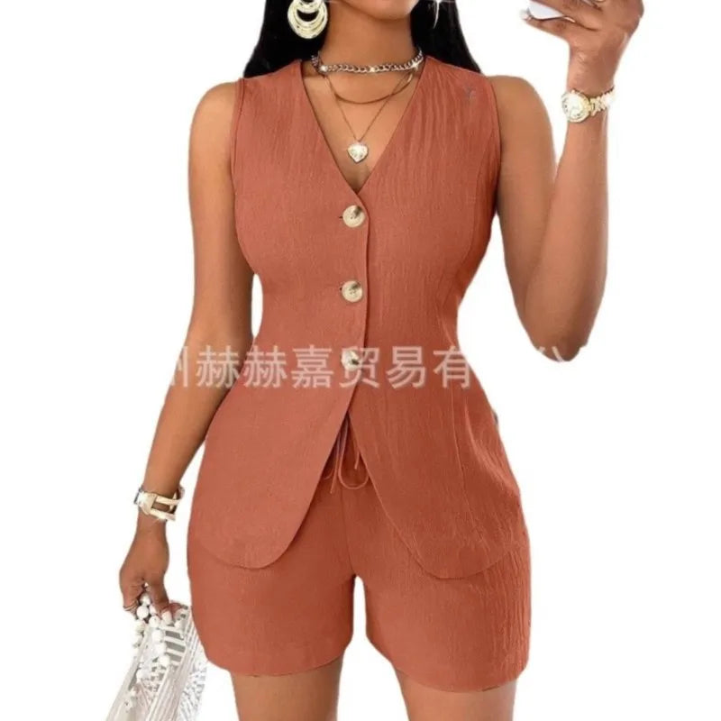 2025 verão algodão linho shorts define feminino 2 peças elegante cor sólida com decote em v magro topos senhora do escritório chique rendas shorts ternos