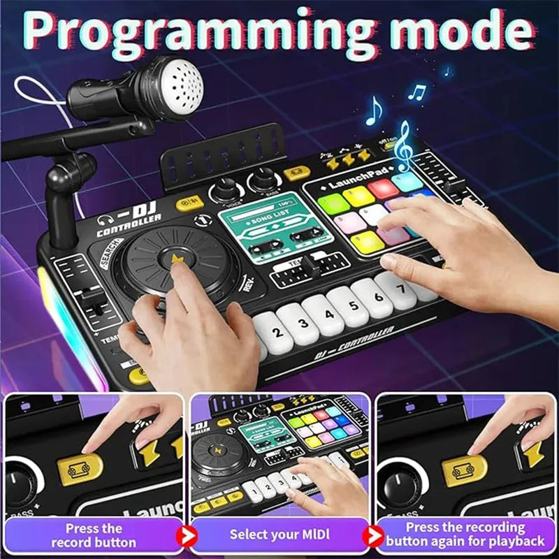 Kid DJ Mixer with Microphone Electronic Piano Keyboard Bluetooth DJ Turntable Console Junior Musical Instrument Christmas Gifts