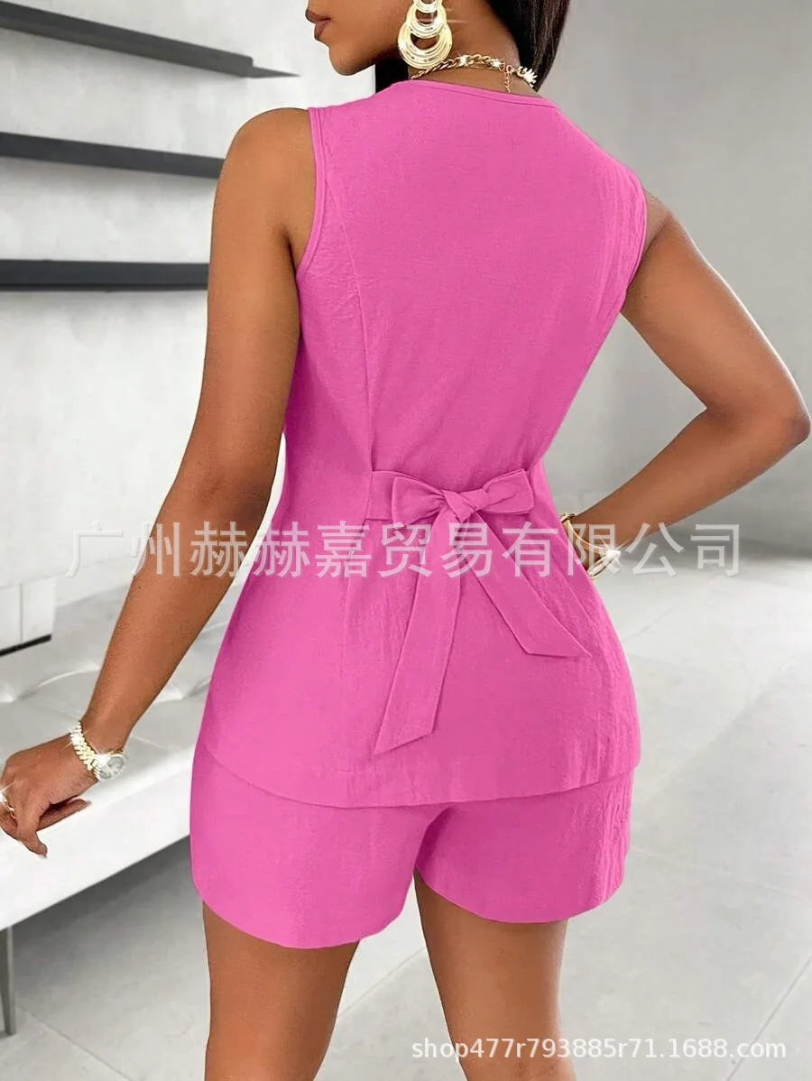 2025 verão algodão linho shorts define feminino 2 peças elegante cor sólida com decote em v magro topos senhora do escritório chique rendas shorts ternos