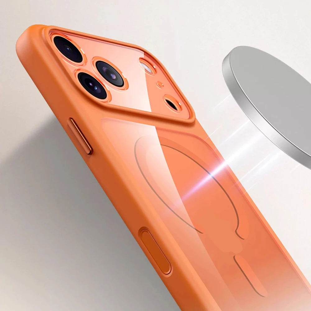 Negócios magnéticos simplicidade à prova de choque laranja pára-choques botão da câmera caso para iphone 17 pro max lente clara pc capa para magsafe
