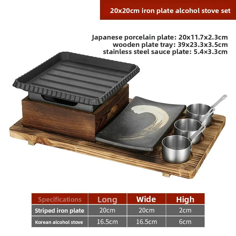 Sala de jantar talheres simples e duplos placa de churrasco de ferro fundido quadrado forno de álcool bandeja de cozimento estilo coreano conjunto de fogão de churrasco