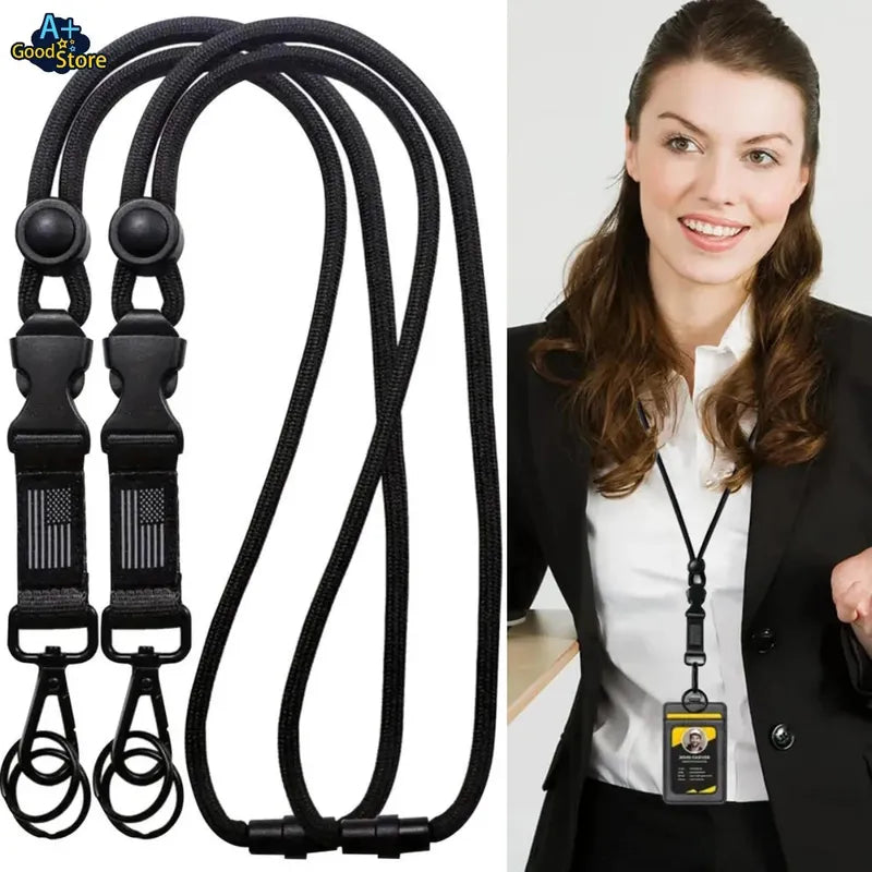 Black heavy-duty braided polyester lanyard with quick release buckle, American flag detail, and metal clip.