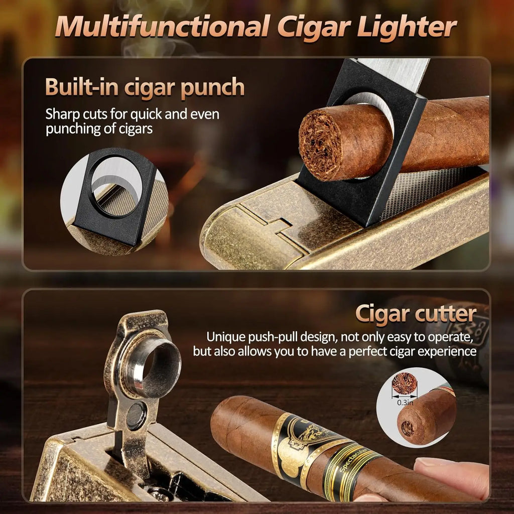 Humidor de charutos de couro com isqueiro, cortador de charutos reto embutido e perfurador de charutos, umidificador e bandeja de cedro