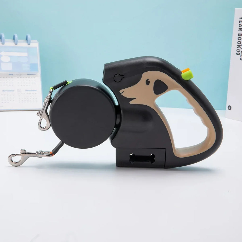 Trela rotativa de nylon para animais de estimação, 3m, para 2 cães, corda dupla ajustável, com lanterna, saco de cocô, caixa, corda de tração para animais de estimação, retrátil