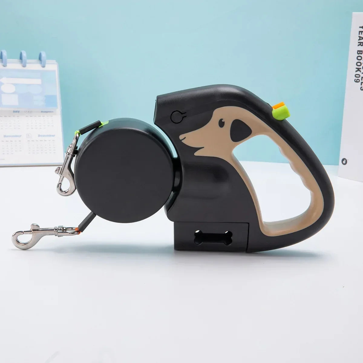 Trela rotativa de nylon para animais de estimação, 3m, para 2 cães, corda dupla ajustável, com lanterna, saco de cocô, caixa, corda de tração para animais de estimação, retrátil