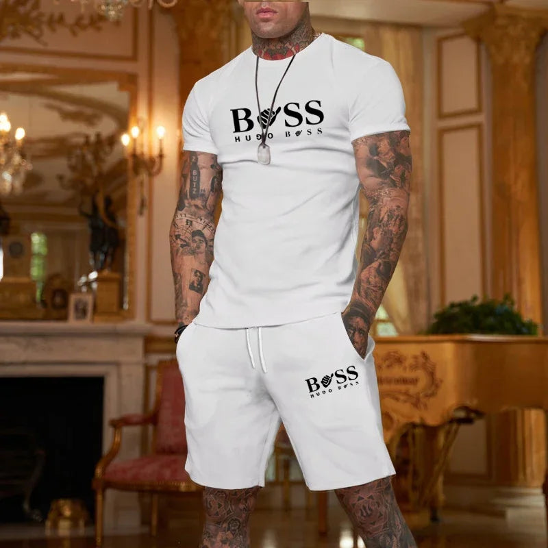 Conjunto de shorts masculinos, conjunto de duas peças, roupas de grife de luxo, liga elegante, academia, 2025