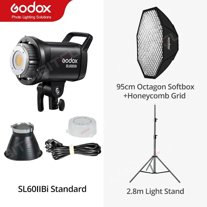 Black Godox SL60IIBi bi-color LED video light kit with 95cm octagon softbox, honeycomb grid, and 2.8m light stand.