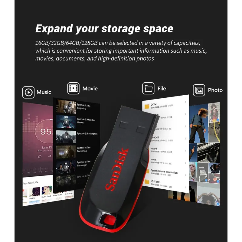 SanDisk USB2.0 FAT32 Cruzer CZ50 Flash Drive Compact Encrypted Flash Memory Stick USB2.0 PenDrive for Desktop Laptop