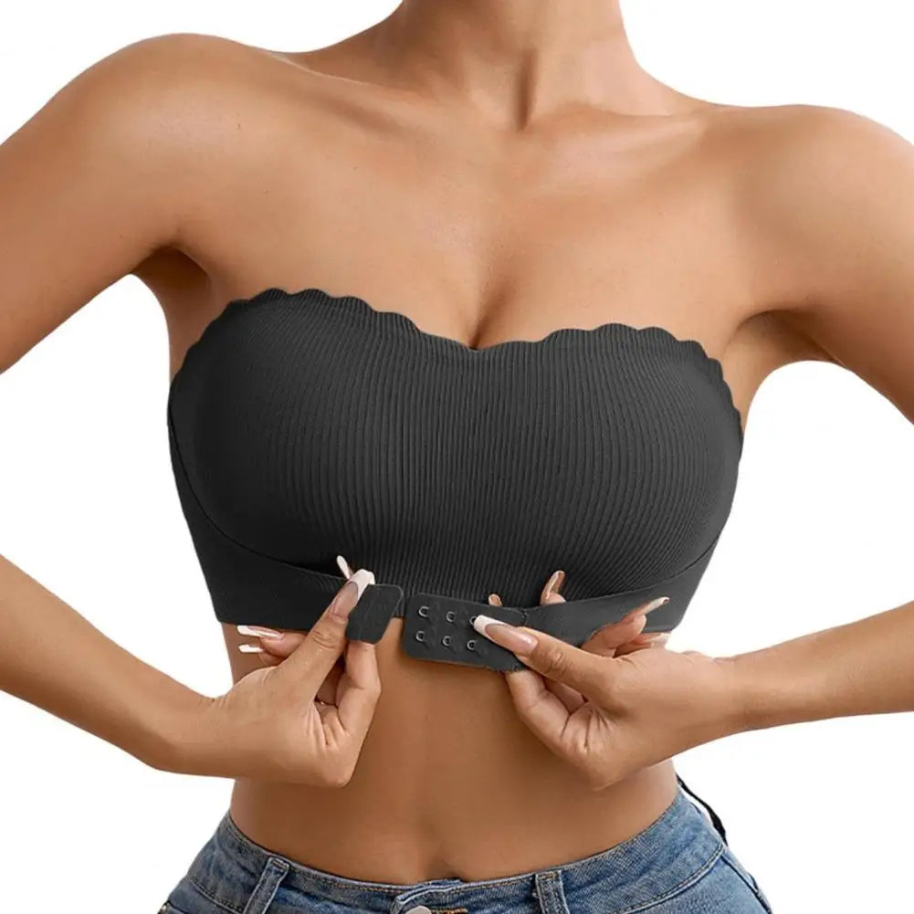 Sutiã feminino sem alças com fechamento frontal conforto sem fio bandeau antiderrapante borda ondulada acolchoada top bralette