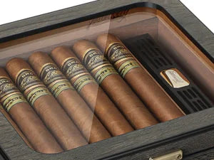 Humidor de charutos, caixa de mesa superior de vidro com termo-higrômetro digital, umidificador, divisor, gaveta de acessórios e fechadura de combinação
