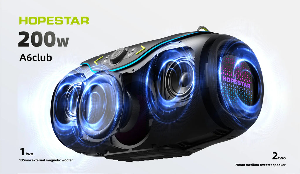 HOPESTAR A6 CLUB Alto-falante Bluetooth Super Bass 200W - Emparelhamento TWS de última geração, IPX6 à prova d'água, sistema de áudio portátil para festas ao ar livre
