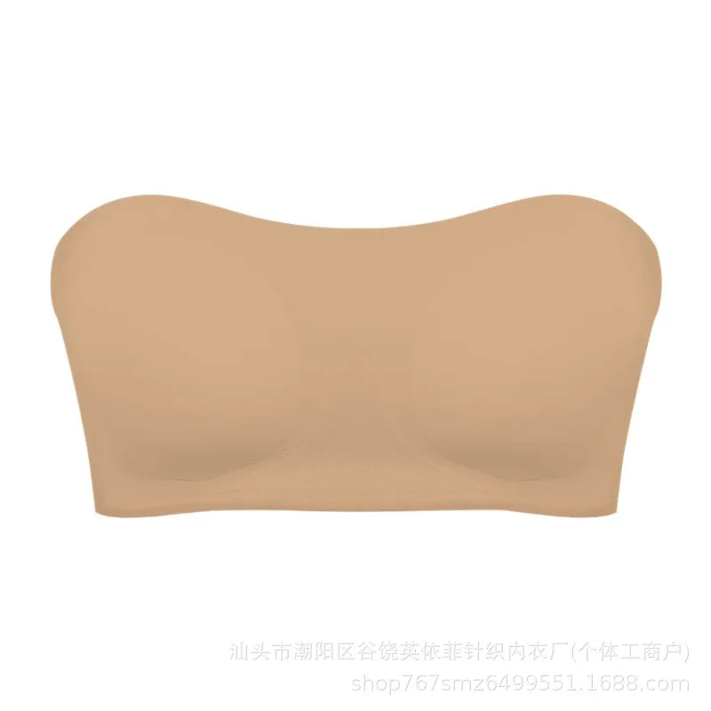 Sexy sem alças push up sutiã removível acolchoado sem costura gelo seda topo feminino beleza invisível volta anti-deslizamento fora do ombro sutiã