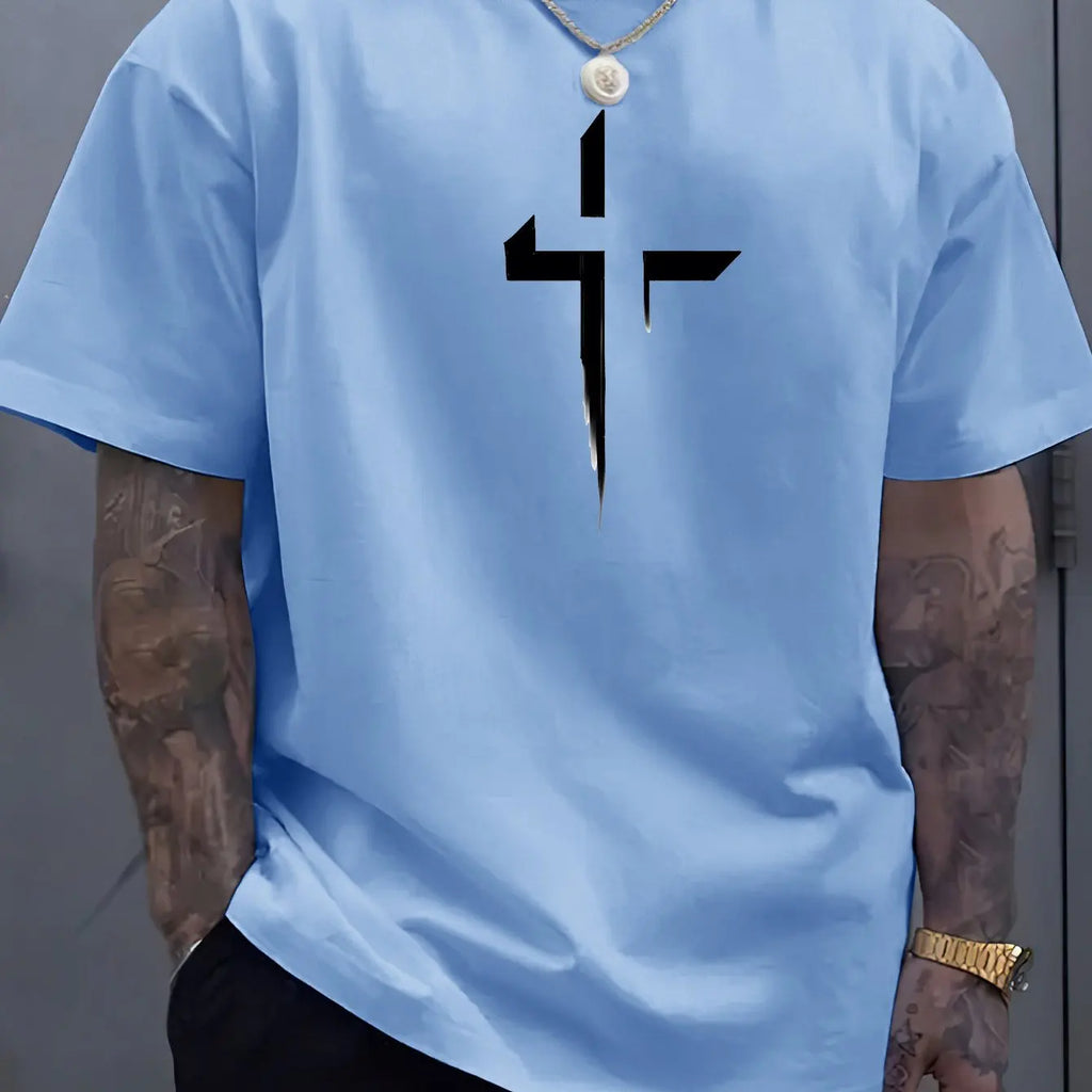 Verão masculino 100% algodão puro casual solto plus size cruz criativo impresso esportes confortável em torno do pescoço manga curta camiseta