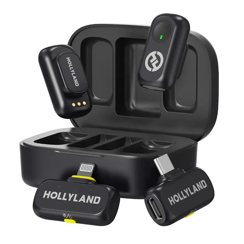 Hollyland LARK A1 black wireless lavalier mic system. Features charging case, two transmitters, and iPhone/Android USB-C/Lightning receivers.
