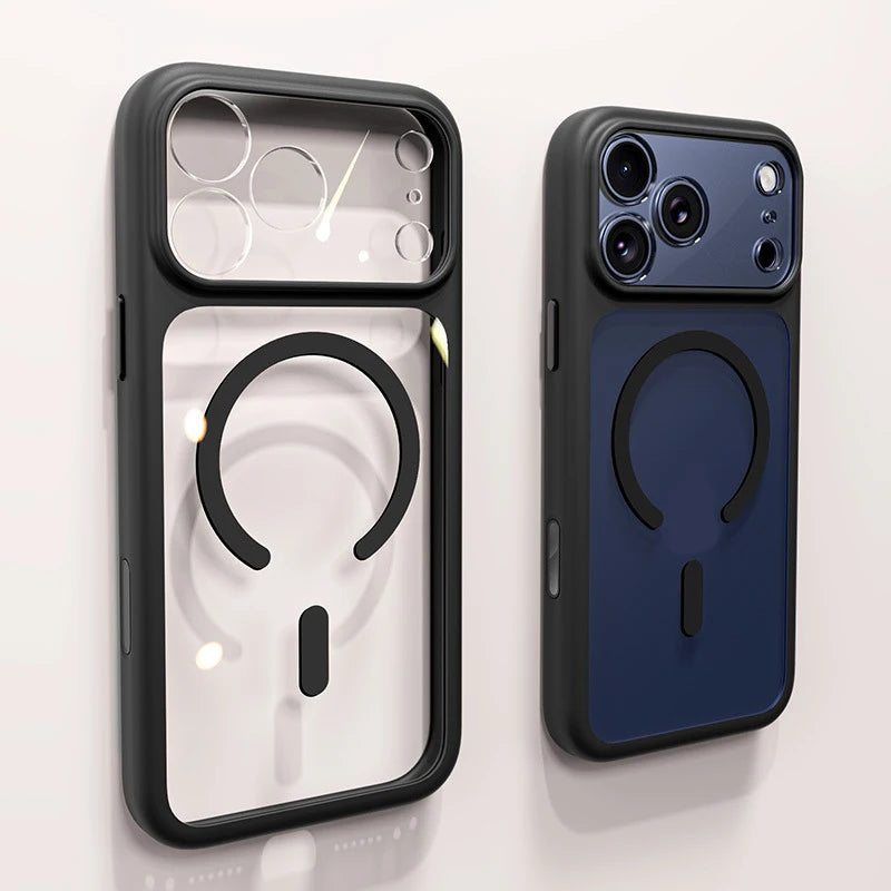 Negócios magnéticos simplicidade à prova de choque laranja pára-choques botão da câmera caso para iphone 17 pro max lente clara pc capa para magsafe