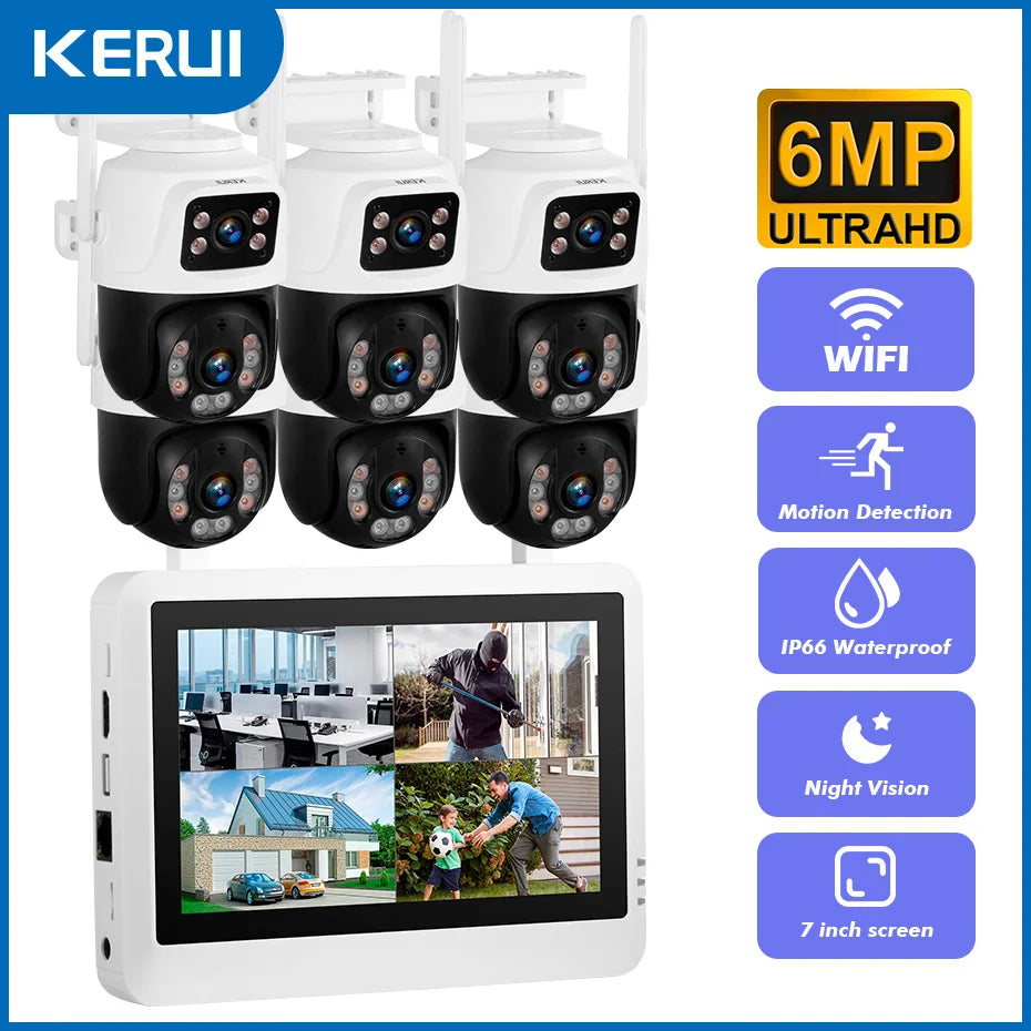 Kerui sem fio 6mp lente dupla wifi câmera ip 8ch nvr tela lcd de 7 polegadas gravador de vídeo sistema de câmera de segurança em casa vigilância