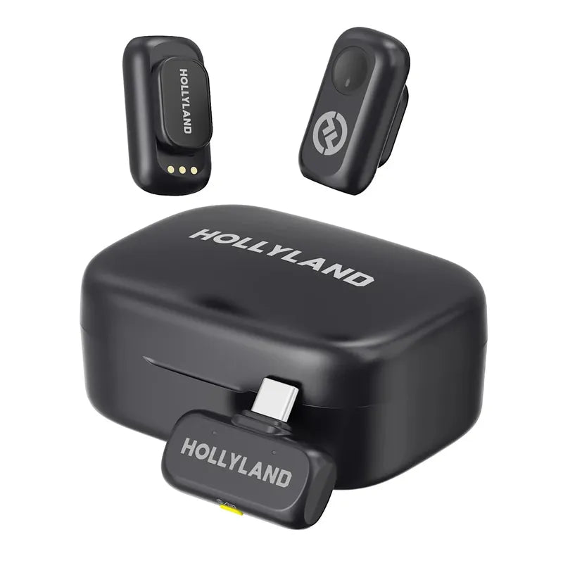 Black Hollyland LARK A1 wireless lavalier microphone kit with compact charging case, transmitter, and USB-C receiver.