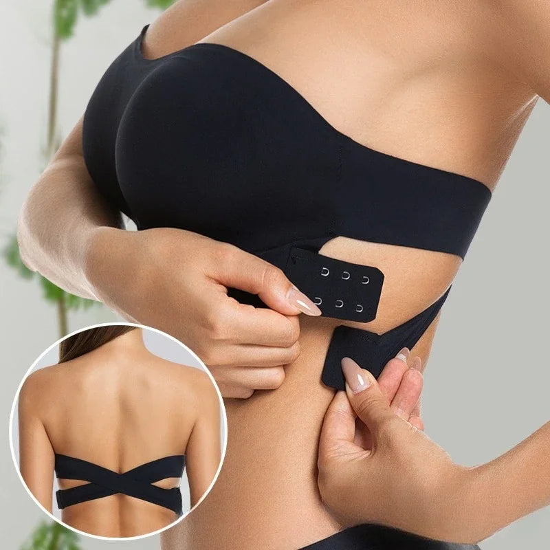 Sexy sem alças push up sutiã removível acolchoado sem costura gelo seda topo feminino beleza invisível volta anti-deslizamento fora do ombro sutiã