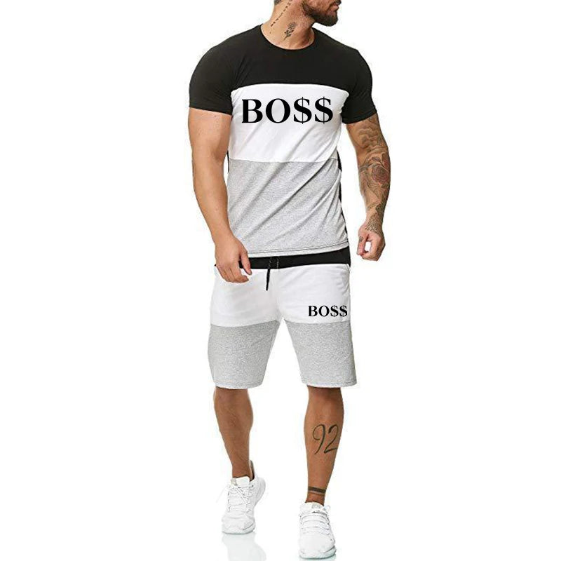Um novo design de verão masculino em torno do pescoço shorts de manga curta e conjunto casual de roupas esportivas de fitness ao ar livre