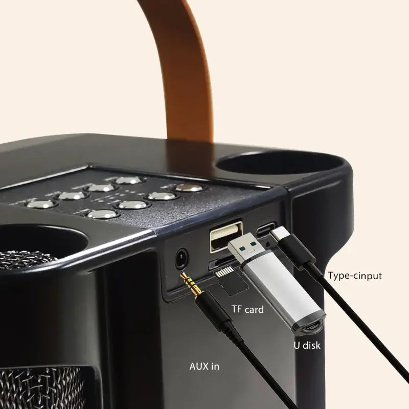 Alto-falante bluetooth de karaokê de alta potência, luz de ritmo musical 360, subwoofer estéreo surround sem fio com microfone duplo, suporte para telefone