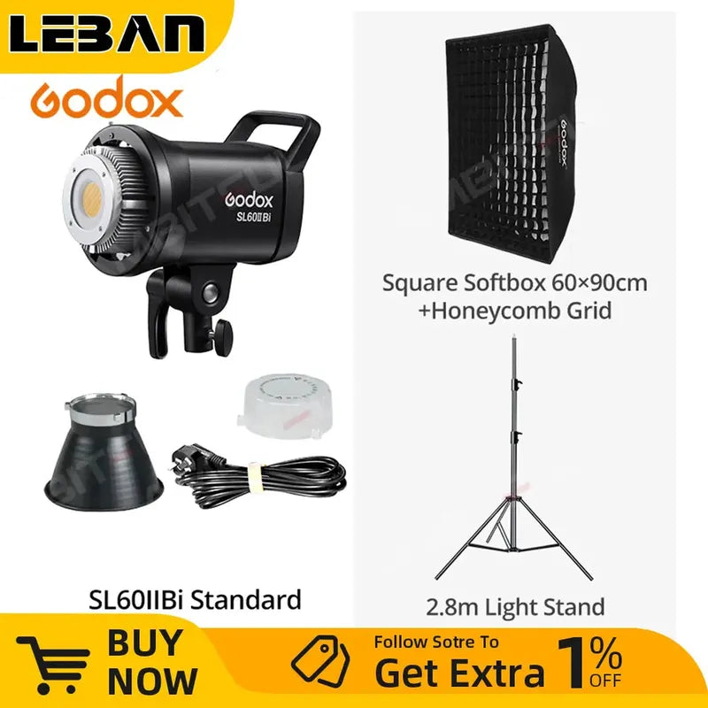 Godox SL60IIBi black COB LED video light, Bowens mount, with square softbox, light stand, reflector, and diffuser.