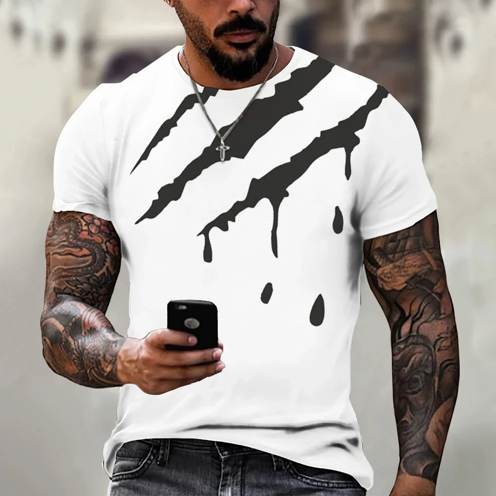 Camiseta masculina na moda novo design preto e branco cor arte 3d impresso oversized em torno do pescoço topos solto casual estilo simples t camisa