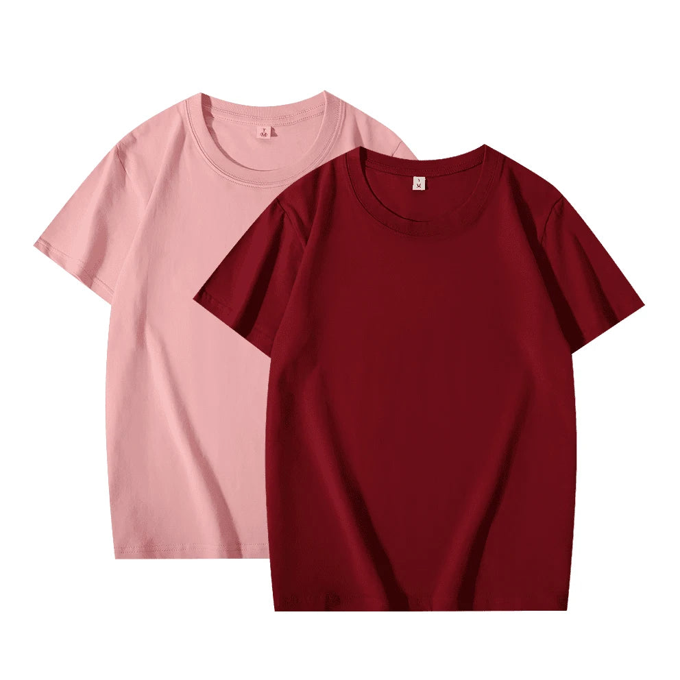 2 pçs cor sólida camiseta 100% algodão masculino feminino branco o-pescoço solto de manga curta modelos básicos all-match camiseta casal topos preto