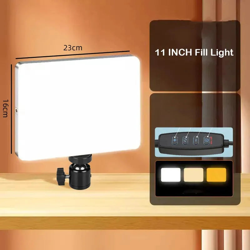 11-inch rectangular LED video light with silver frame, dimmable bi-color output, and inline remote control.