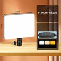 11-inch rectangular LED video light with silver frame, dimmable bi-color output, and inline remote control.