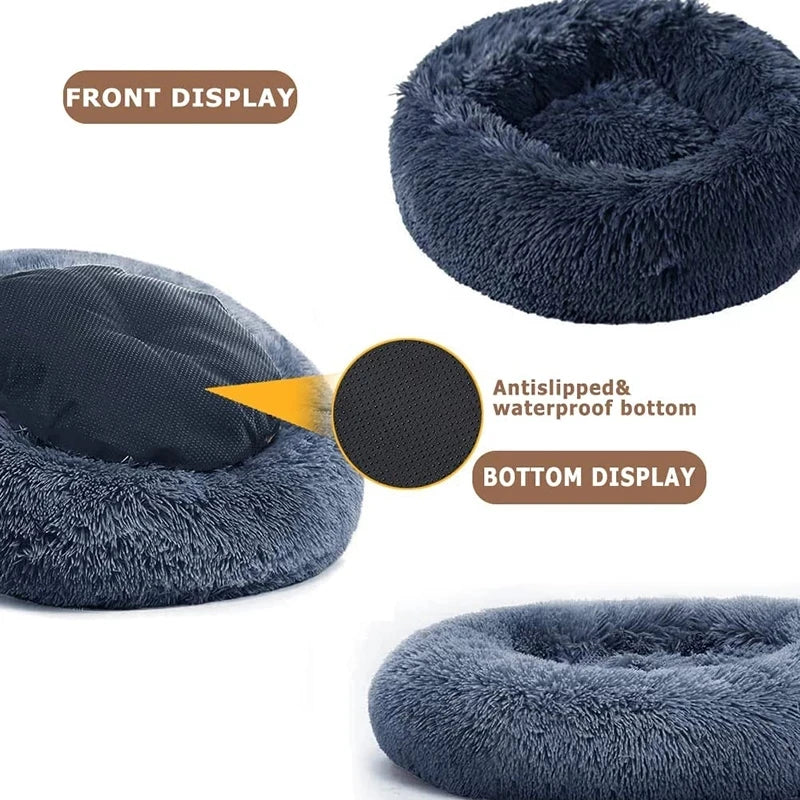 Cama redonda de pelúcia longa super macia, casa de dormir quente para cães e gatos médios, 40-90cm, inverno