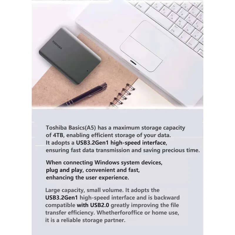 Toshiba A5 Series Small Black Portable Hard Drive, High-Speed USB 3.2 Gen1, 500GB/1TB/2TB Compatible With Mac