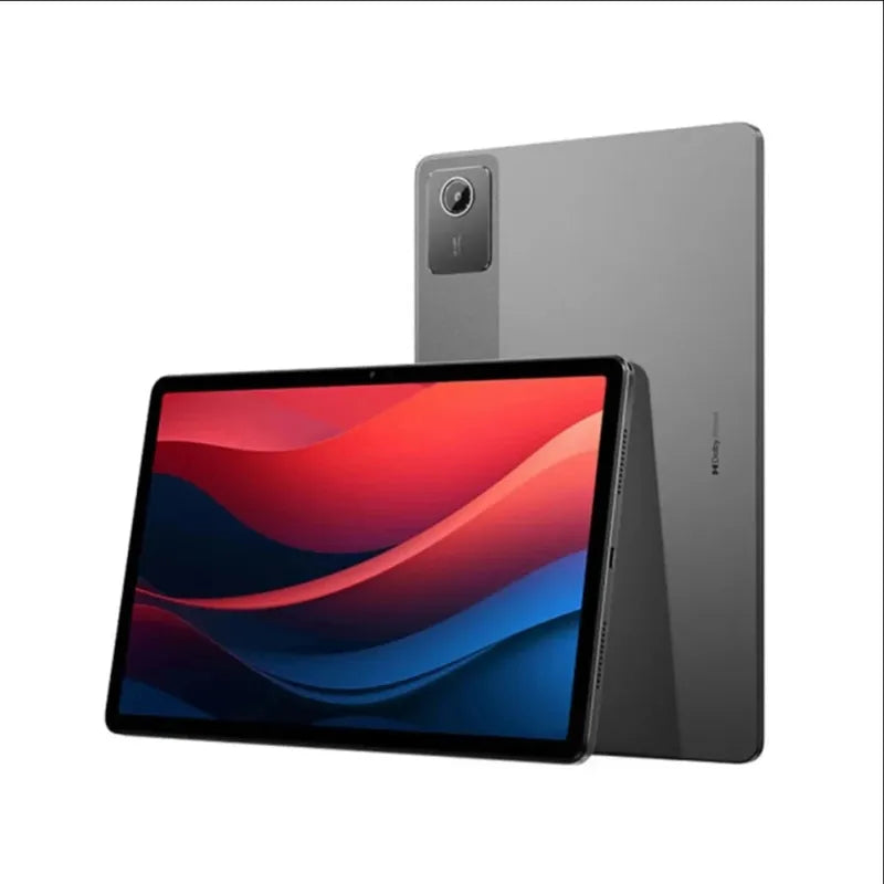 Two gray Lenovo Xiaoxin Pad 2024 tablets; one displays a vibrant abstract screen, the other shows its sleek back design.