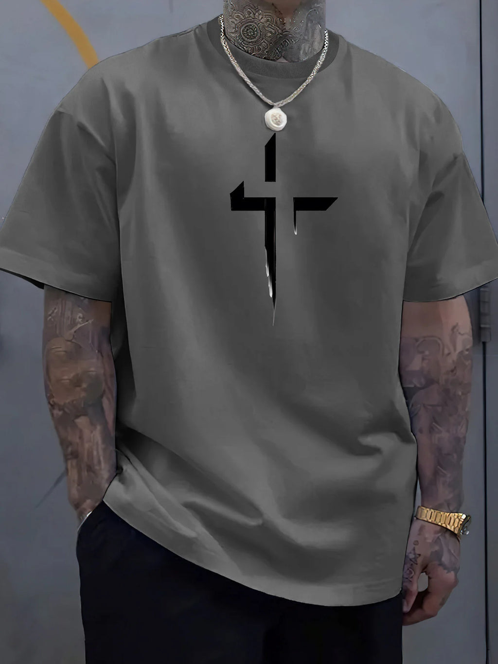 Verão masculino 100% algodão puro casual solto plus size cruz criativo impresso esportes confortável em torno do pescoço manga curta camiseta