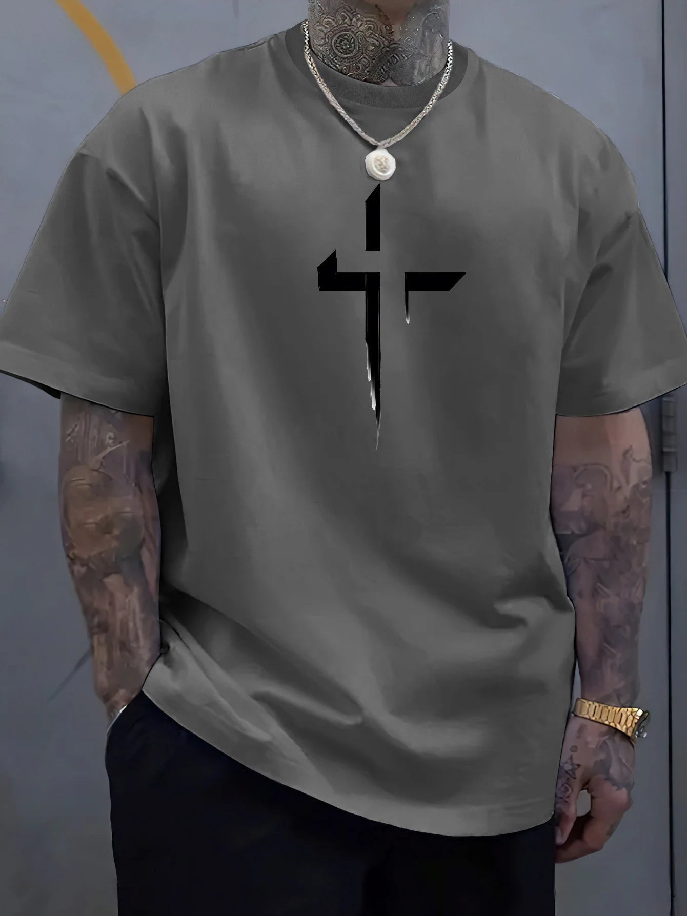 Verão masculino 100% algodão puro casual solto plus size cruz criativo impresso esportes confortável em torno do pescoço manga curta camiseta