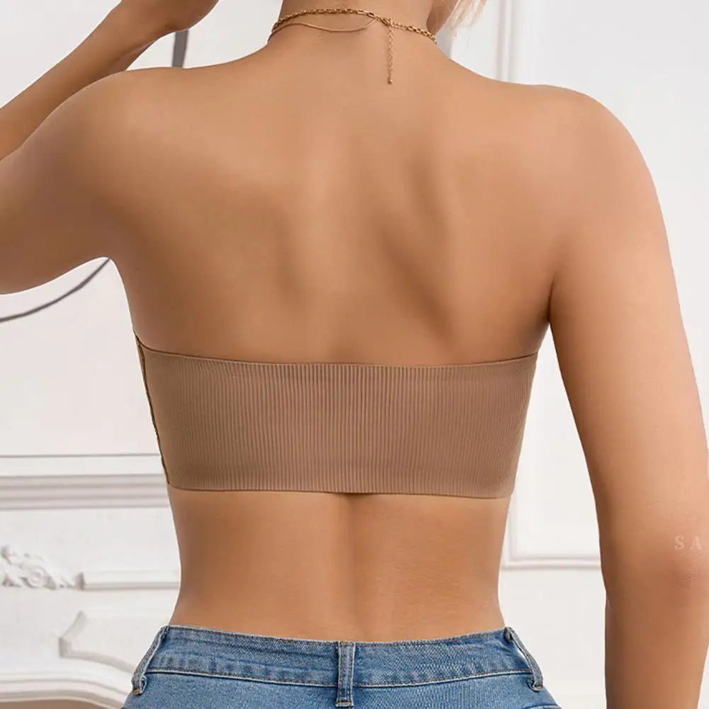 Sutiã feminino sem alças com fechamento frontal conforto sem fio bandeau antiderrapante borda ondulada acolchoada top bralette